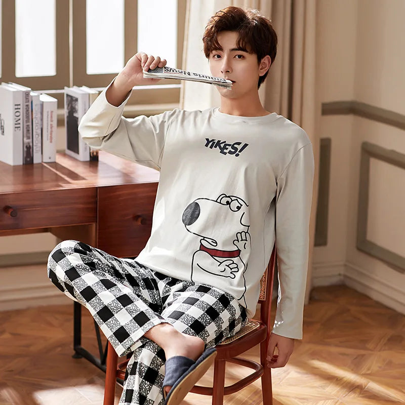 Men's Autumn Winter Cartoon Warm Striped Pajama Set