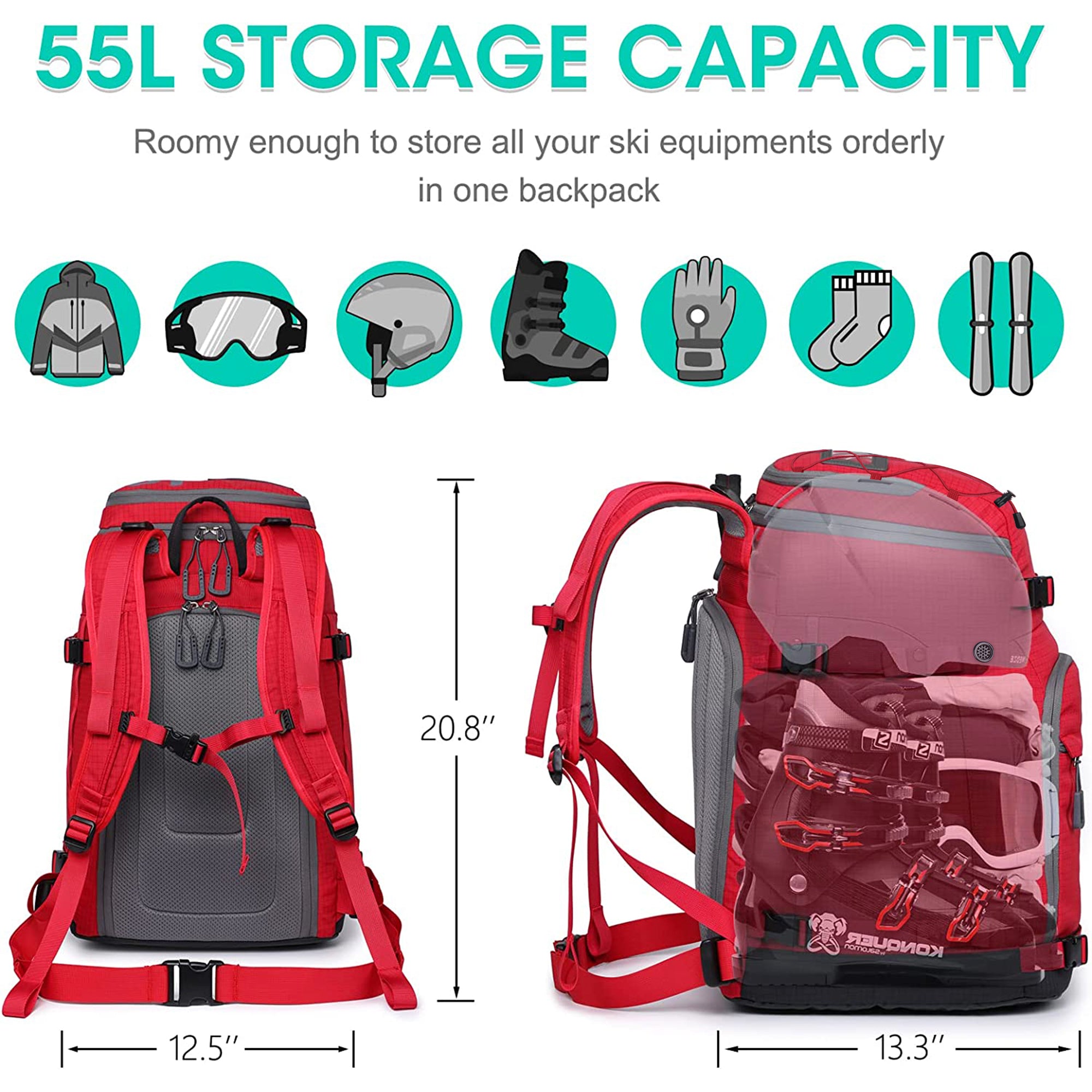 High quality large capacity snow backpack for men and women, with snowboard and snowboard suspension system, for outdoor skiing. 