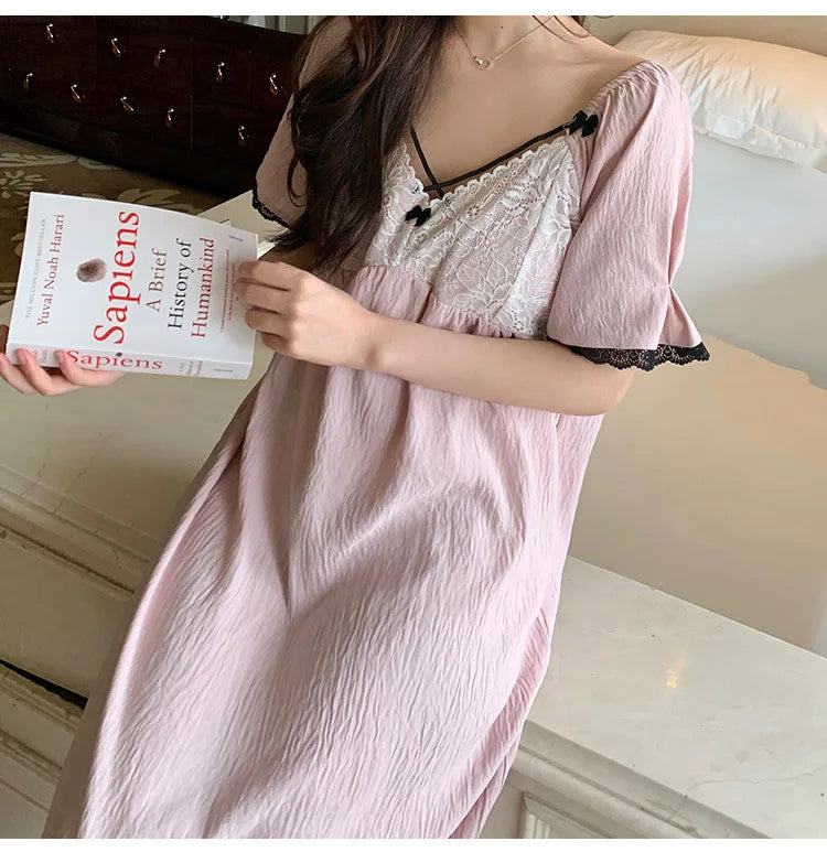 SAMWESTART cool cotton silk nightgown with lace bow and short sleeves