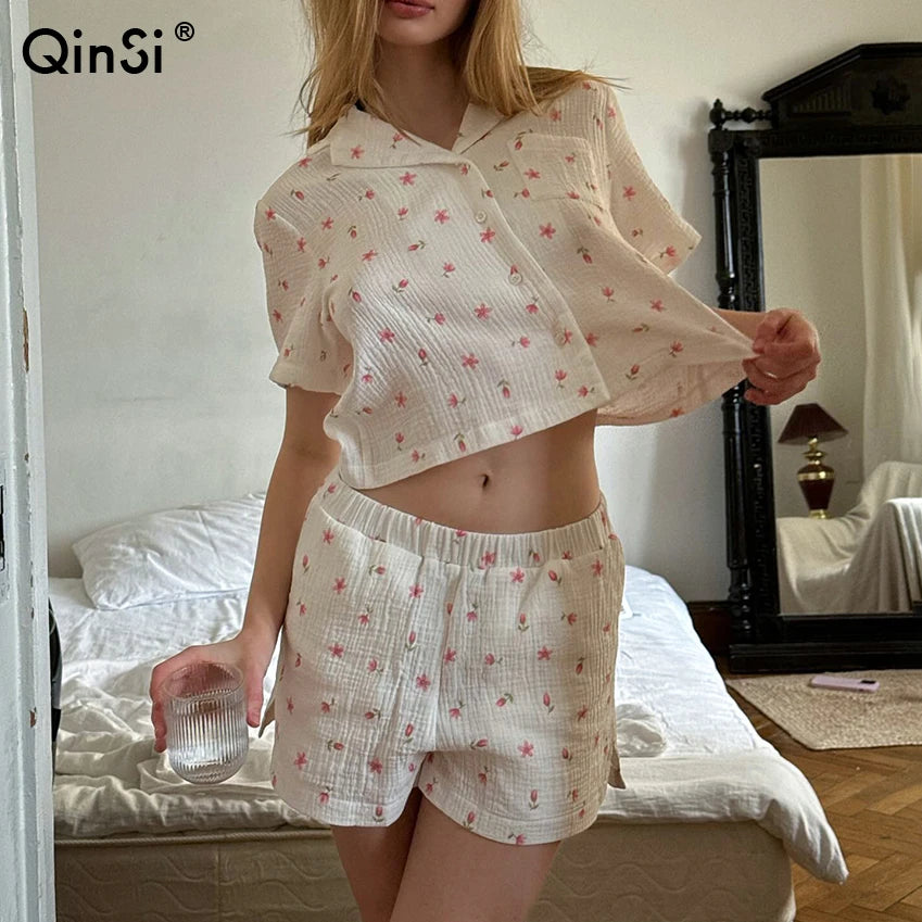 QINSI New Print Loungewear Women Sets Cotton Turn Down Short Sleeves Top Shorts Sets for Women Two Pieces Casual Pijamas Woman