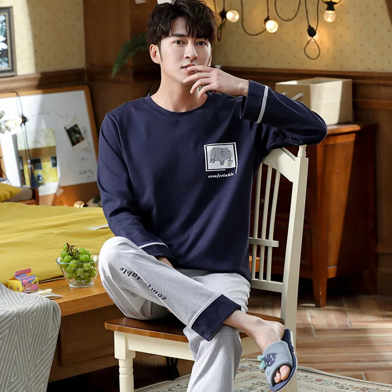 Men's Autumn Winter Cartoon Warm Striped Pajama Set