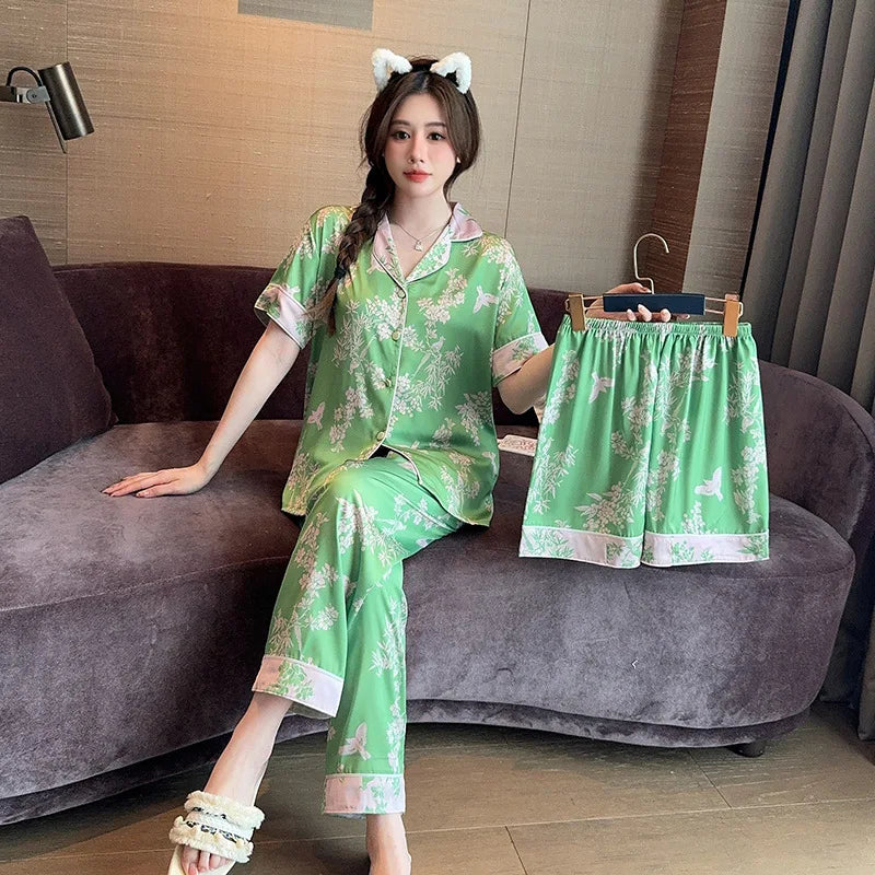 Elegant Spring Summer Faux Silk Pajamas Set