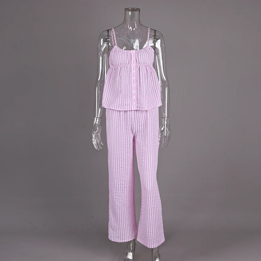 QINSI Women's Cute Sleeveless Ruffle Striped Pajamas Set