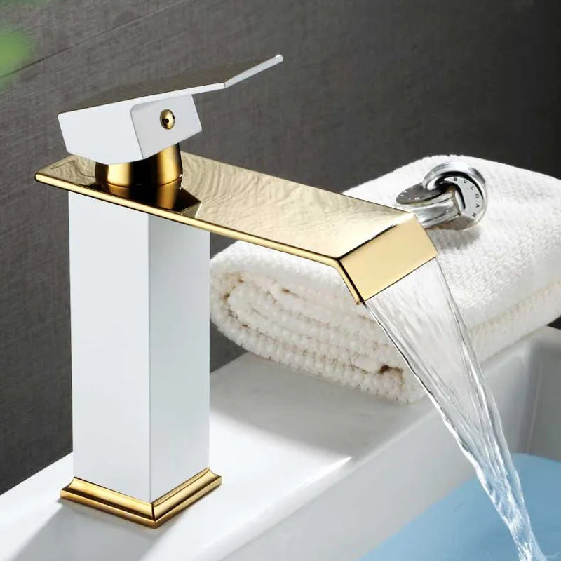 Basin Faucet Gold and Black Waterfall Faucet Brass Bathroom Wash Basin Mixer Tap Hot and Cold Water Vanity Vessel Sink Faucets - Daisan Mart