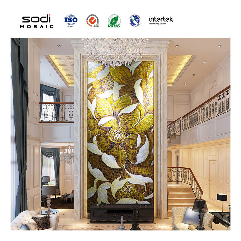 High quality handmade gold plated crystal mosaic flower art painting 