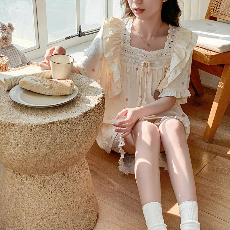 SAMWESTART Summer Lace Polka Dot Princess Pajamas Set