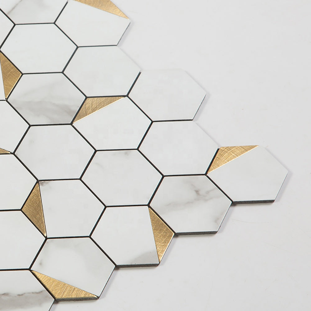 Self-adhesive white hexagon mosaic wall tiles made of aluminum composite plastic 