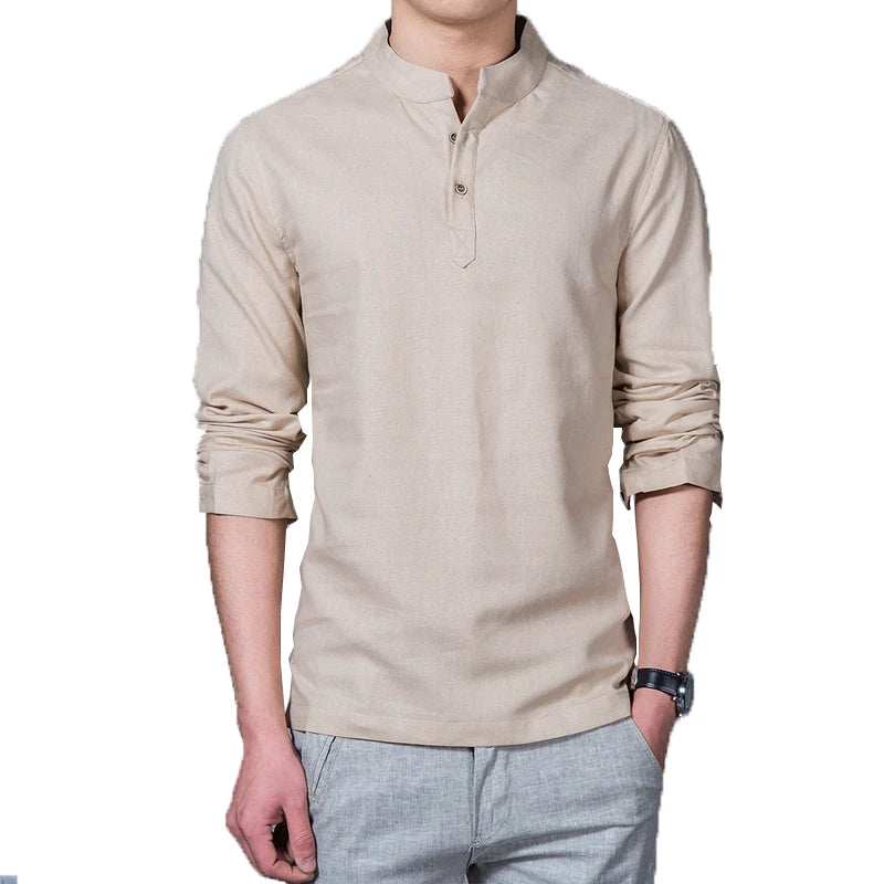 Men's Spring Long Sleeve Stand Collar Linen Fashion Shirt