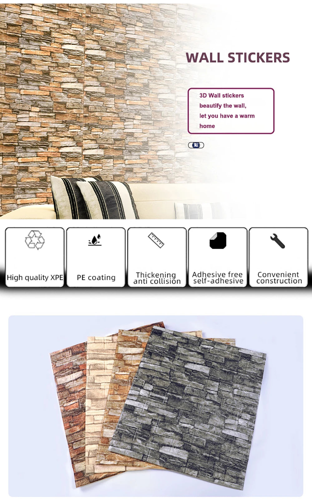 10 Pcs 3D Peel and Stick Wall Stickers Home Decor Living Room Waterproof Foam Vinyl PVC 70X77CM Self Adhesive Panels Wallpaper