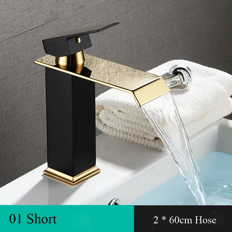 Basin Faucet Gold and Black Waterfall Faucet Brass Bathroom Wash Basin Mixer Tap Hot and Cold Water Vanity Vessel Sink Faucets - Daisan Mart