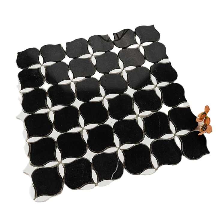 Production of floor tiles, marble mosaic tiles with water jet, black and white marble mosaic tiles, wall tiles 