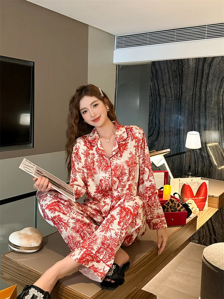 SAMWESTART Women's Spring Summer Ink Print Ice Silk Pajamas