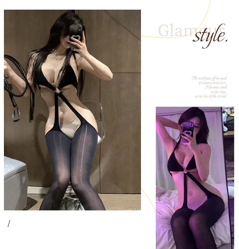 Lingerie Women Erotic Underwear Perspective Nightclub Metallic Decoration Ribbon Splicing Onesie Sexy Bodysuit