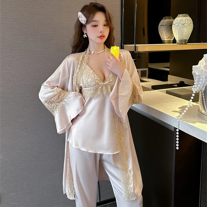 3-Piece Sexy Silk Pajamas Set for Women with Thin Straps