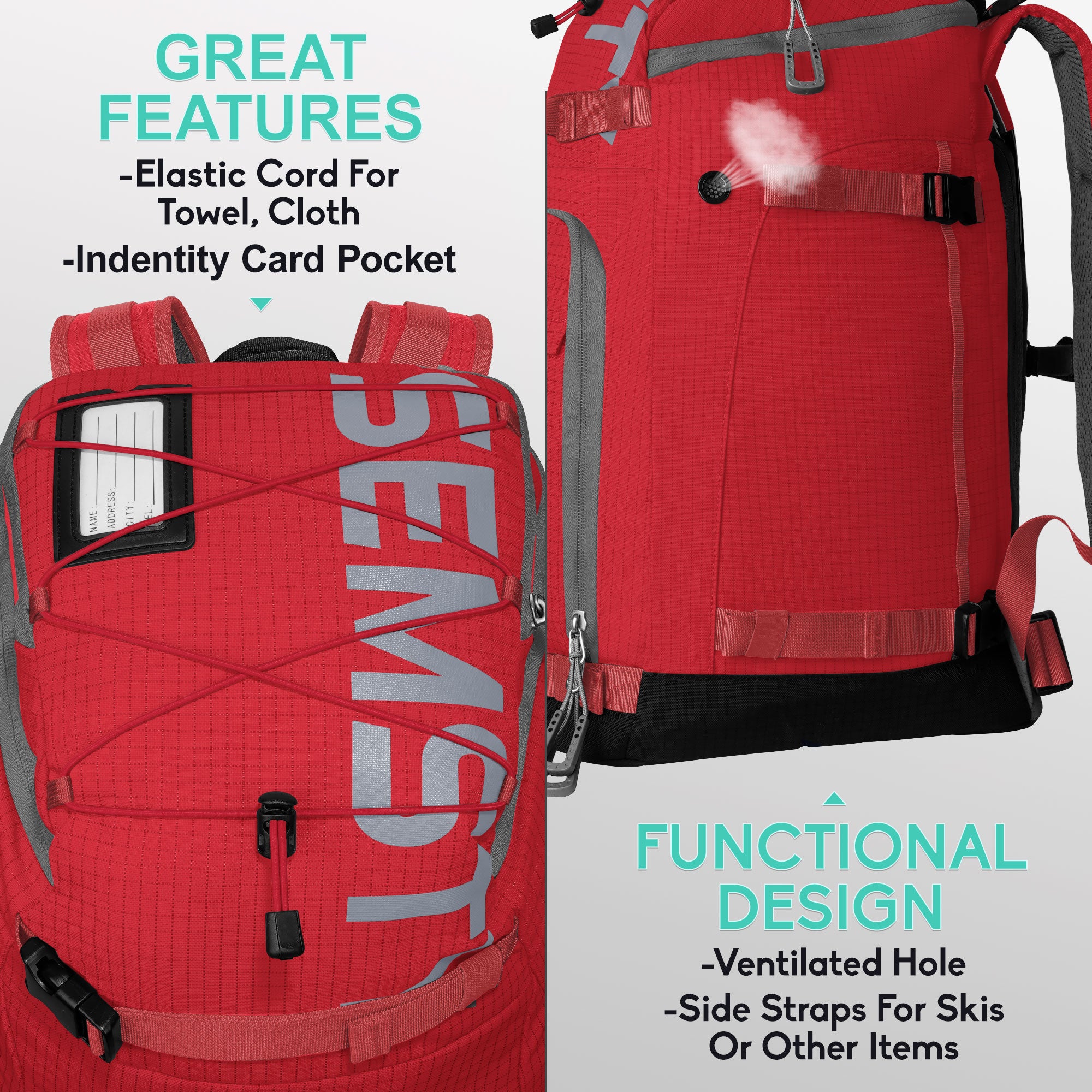 High quality large capacity snow backpack for men and women, with snowboard and snowboard suspension system, for outdoor skiing. 