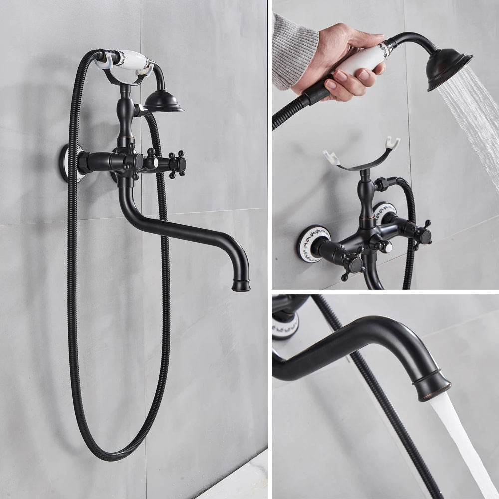 Telephone Style Golden Waterfall Bathtub Faucet Bathroom Brass Bath Faucets Waterfall Rotatb Spout Hot&amp;Cold water Shower tap set