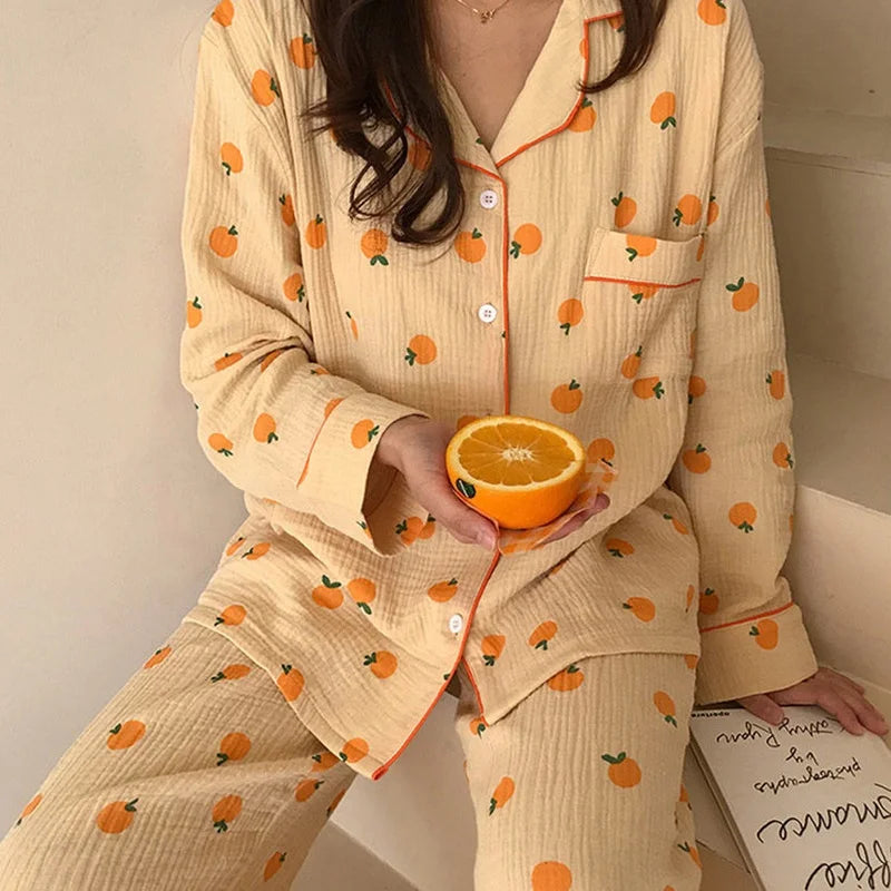 Korean Cute Orange Cotton Pajamas Set for Women Long