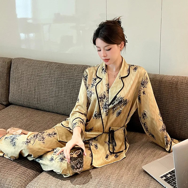 Women's Silk Pajama Set Fall 2024, Left-Hand Print Blue Collar