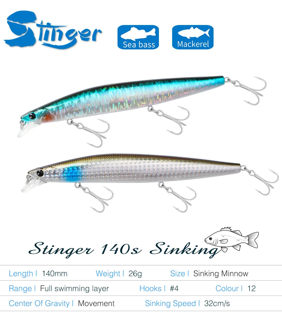 TSURINOYA 140mm 26g DW92 Sinking Minnow Saltwater Freshwater Black Bass Pike Bait Long Casting Sinker Weight Jerkbait Wobblers