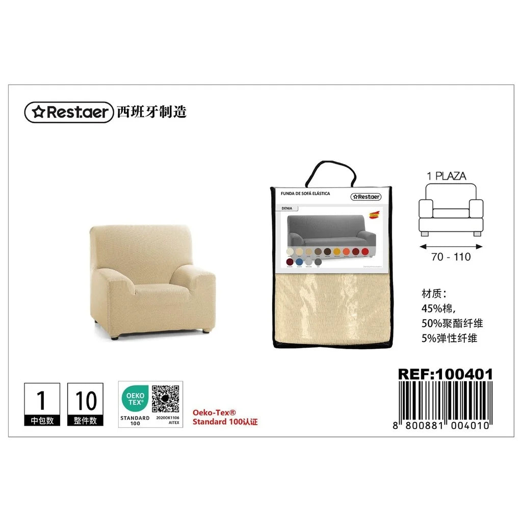 Bao bì bọc ghế sofa màu be, hình ảnh ghế đơn và thông tin vật liệu vải.