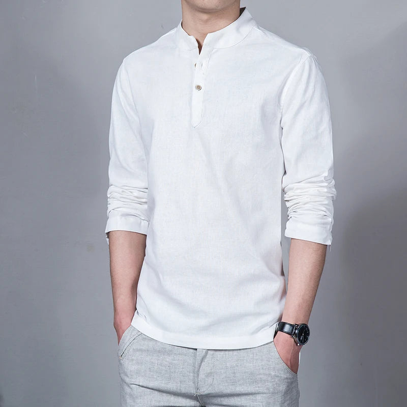 Men's Spring Long Sleeve Stand Collar Linen Fashion Shirt