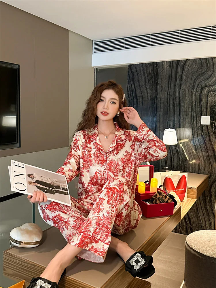 SAMWESTART Women's Spring Summer Ink Print Ice Silk Pajamas