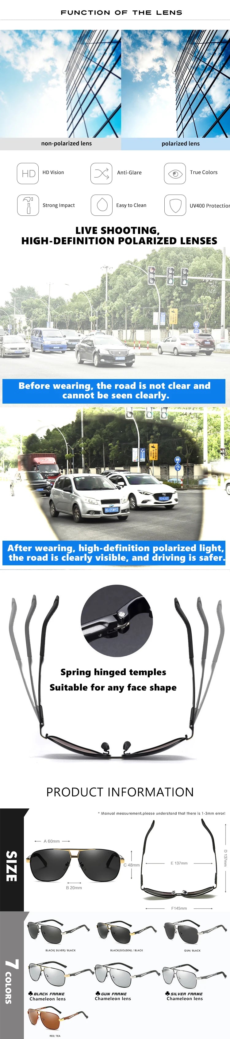 Kính Mát Vuông Cổ Điển Đổi Màu Nam Nữ Chống Chói