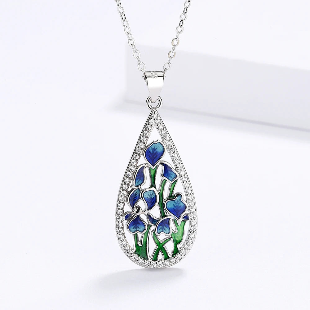925 Sterling Silver Women's Necklace with Handcrafted Enamel Blue Flowers