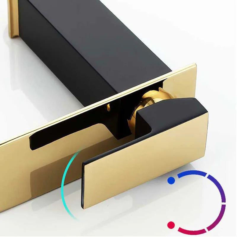 Basin Faucet Gold and Black Waterfall Faucet Brass Bathroom Wash Basin Mixer Tap Hot and Cold Water Vanity Vessel Sink Faucets - Daisan Mart