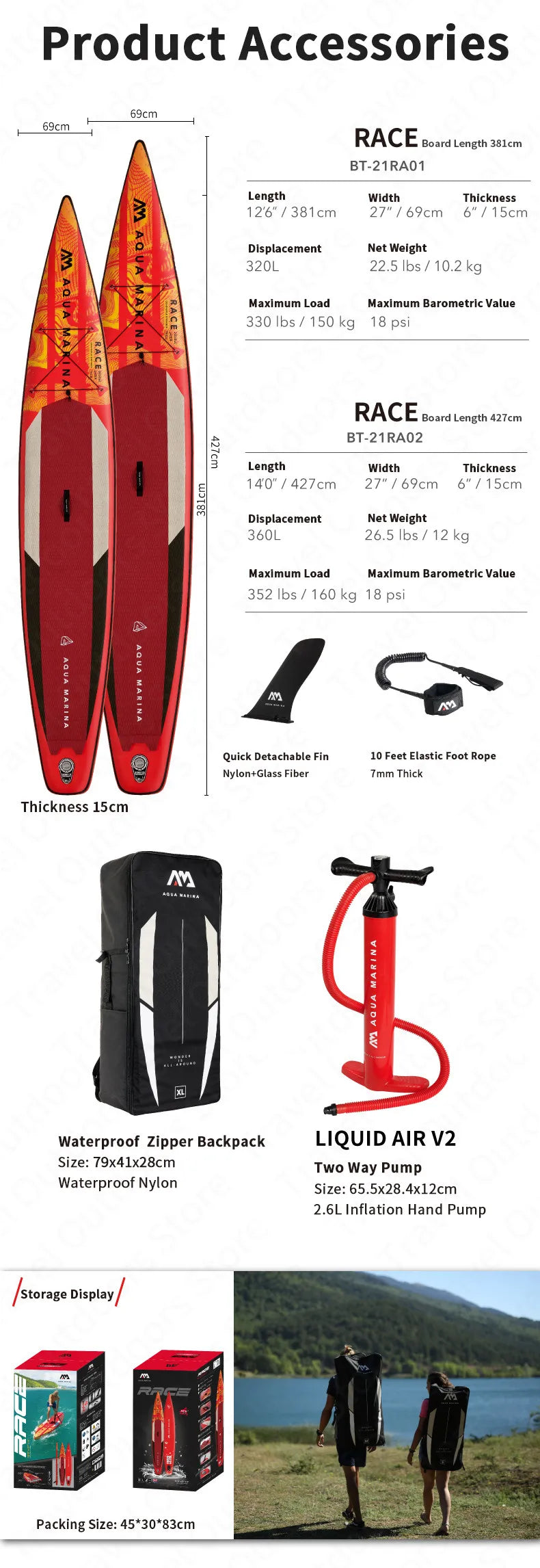 AQUA MARINA New RACE SUP Competition Surfboard 3.8m/4.2m Water Sports Pointed Design Fast Surfing Inflatable Surfboard 2 Size