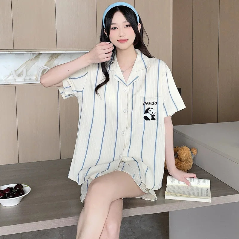 Bộ Đồ Ngủ Nữ Hè Cotton Kẻ Sọc Nơ Dễ Thương