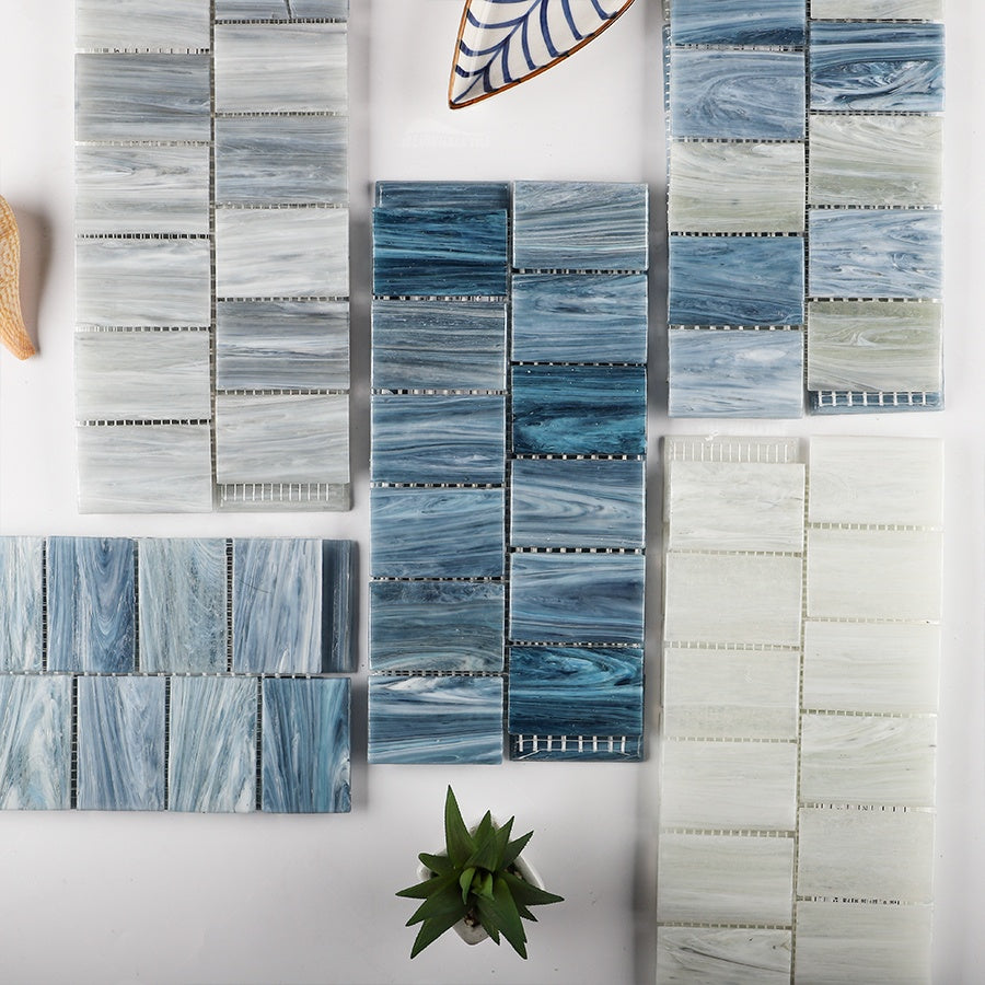 Bluwhale pearl white translucent rectangular iridescent glass mosaic tiles for swimming pool wall