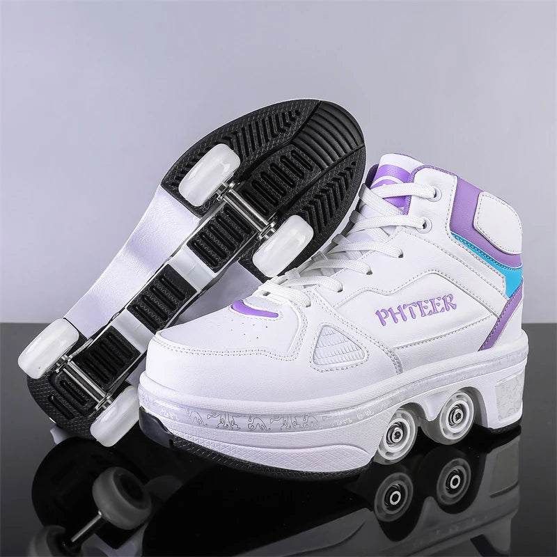 Unisex Detachable Dual Purpose Roller Skate Shoes, Outdoor Fashionable Skateboarding Shoes, White/Pink Casual Sneakers