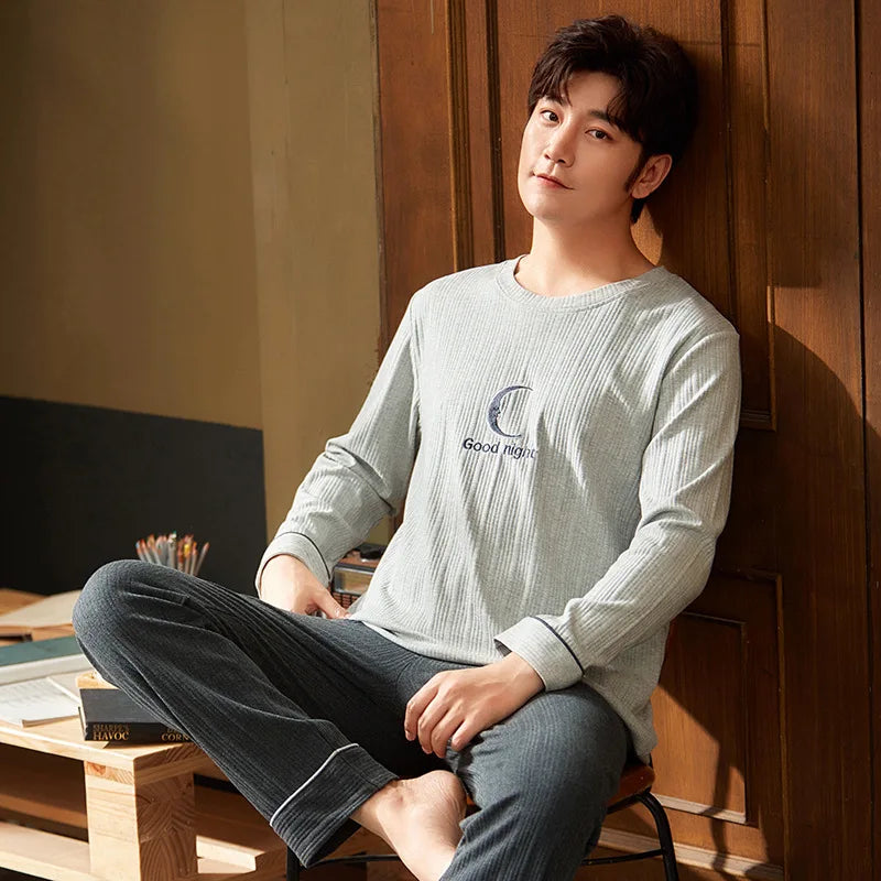 Men's Autumn Winter Cartoon Warm Striped Pajama Set