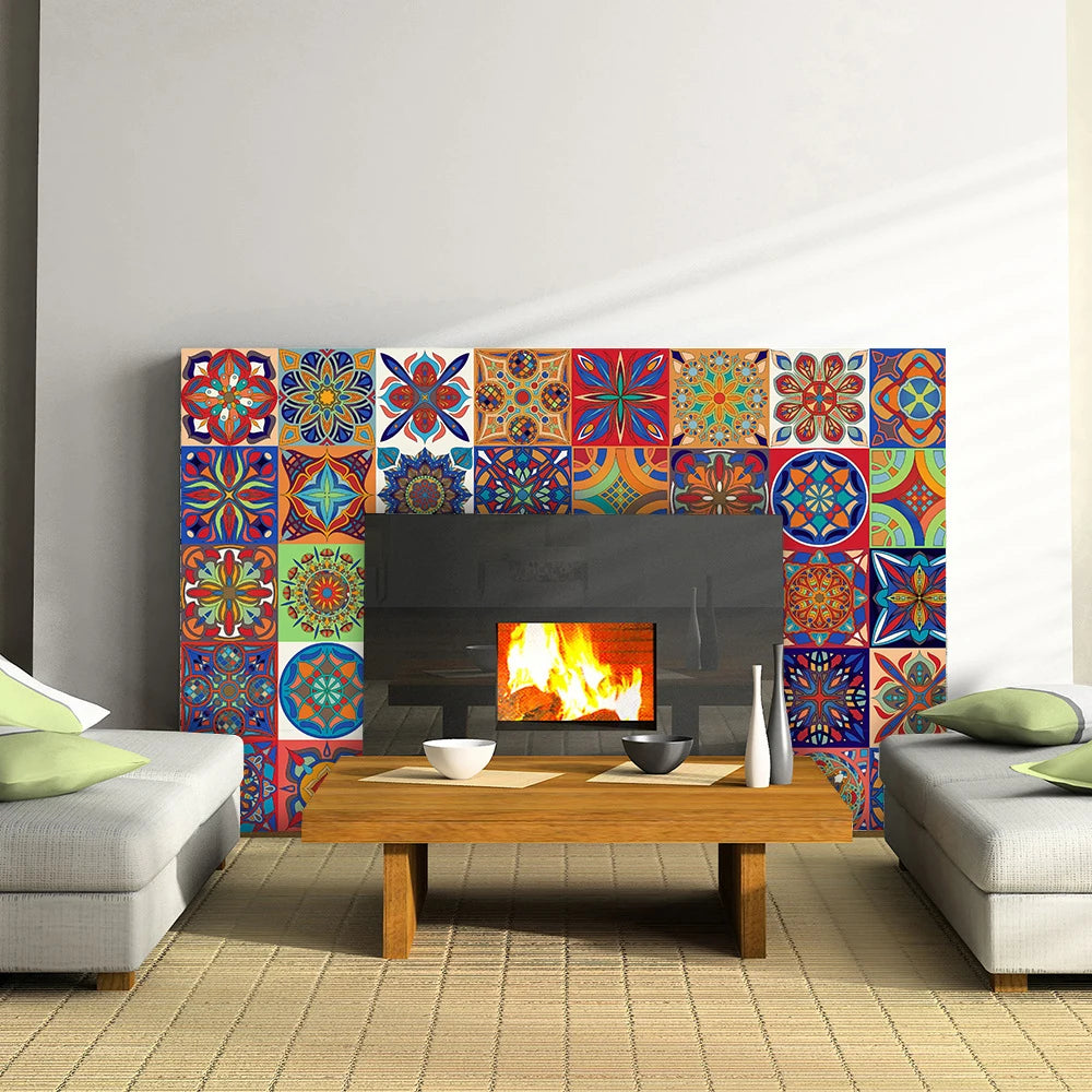 Colorful Mandala Style Strip Tiles Wall Sticker Kitchen Wardrobe Bathroom Waterproof Wallpaper Peel &amp; Stick Art Wall Decals