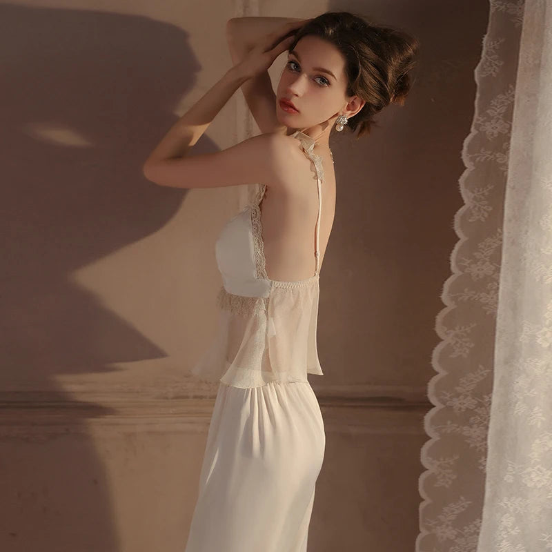 ### Luxurious Long Set of Lace Padded Mesh Home Wear