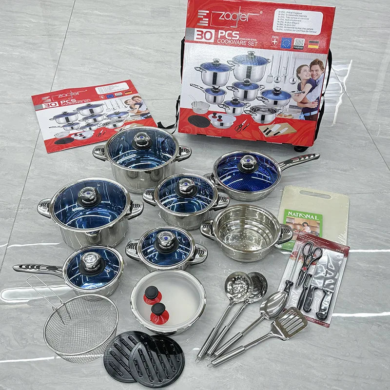 Stainless Steel 30-Piece Spot Cookware Set Manufacturer's 50 pcs Kitchenware Tableware Soup Pot & Frying Pan Cross-Border