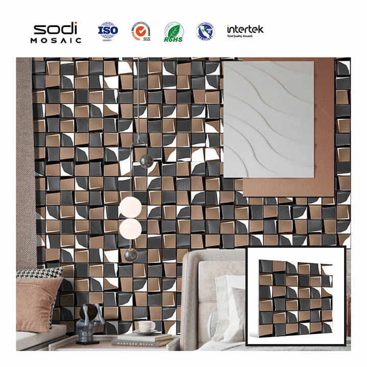 3D square stainless steel metal mosaic tiles with classic bright pattern for wall decoration of bedroom, kitchen, bathroom, hotel 