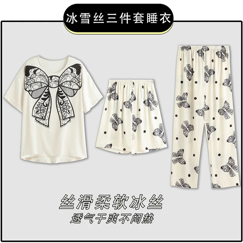 3-Piece Cool Silk Pajamas Set for Women with Cute Patterns