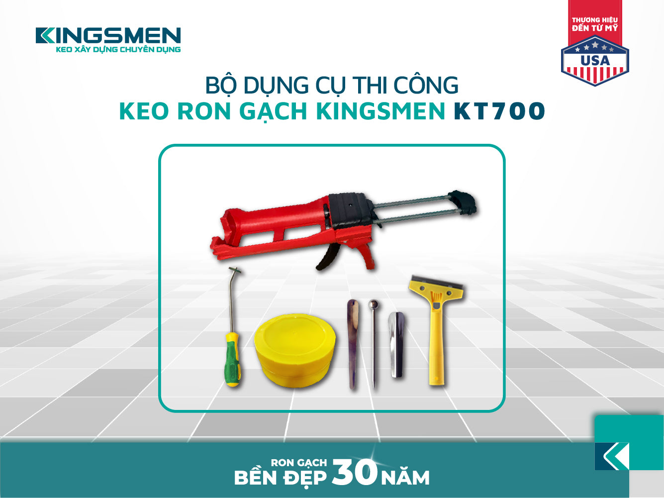 Bộ dụng cụ thi công keo ron gạch KT700 gồm súng đỏ, bát, và nhiều dụng cụ nhỏ khác.