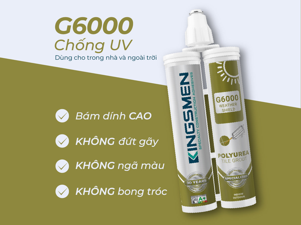 Hai chai keo G6000 chống UV màu trắng xanh, kèm các tính năng vượt trội bằng chữ màu trắng.