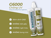 Hai chai keo G6000 chống UV màu trắng xanh, kèm các tính năng vượt trội bằng chữ màu trắng.