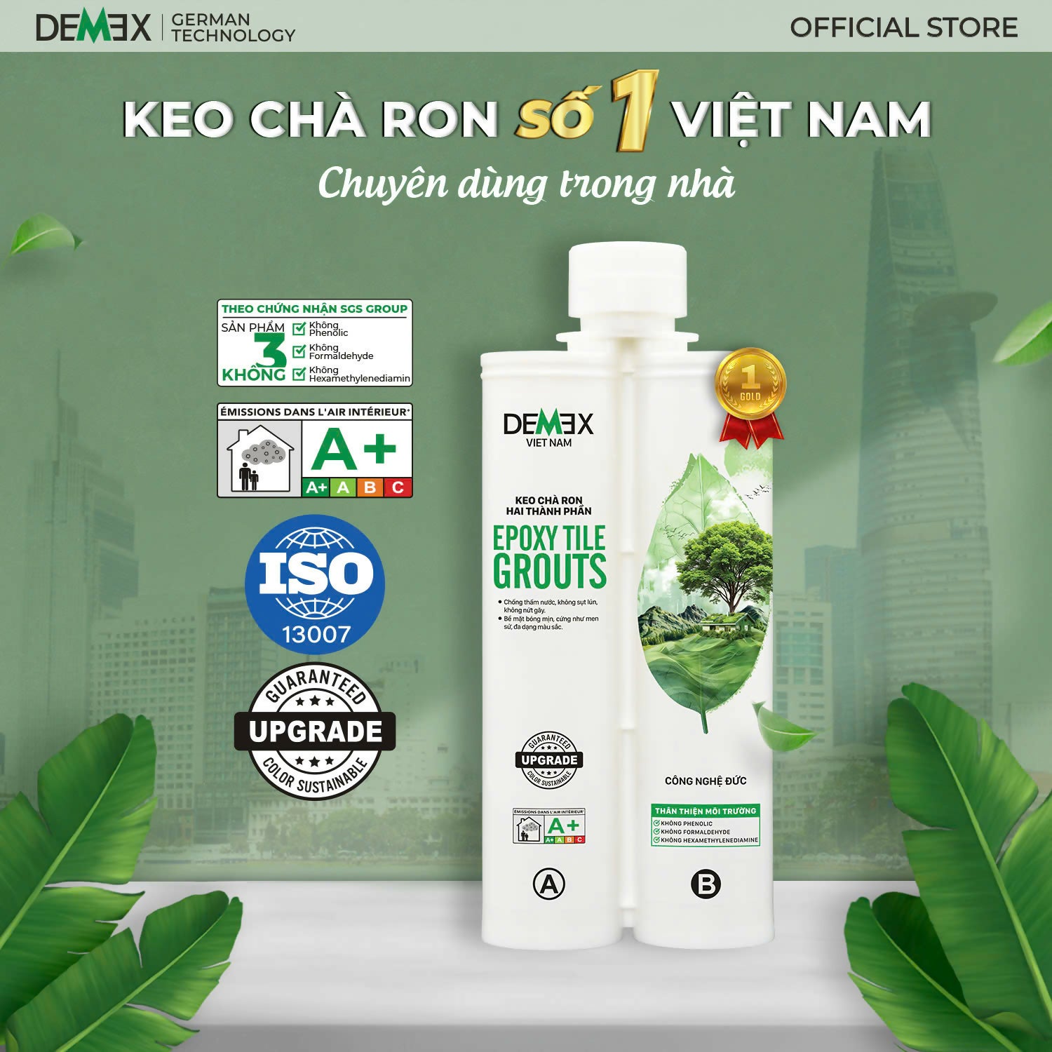 Hình ảnh sản phẩm keo chà ron trên nền xanh lá, với các chứng nhận và huy chương vàng.