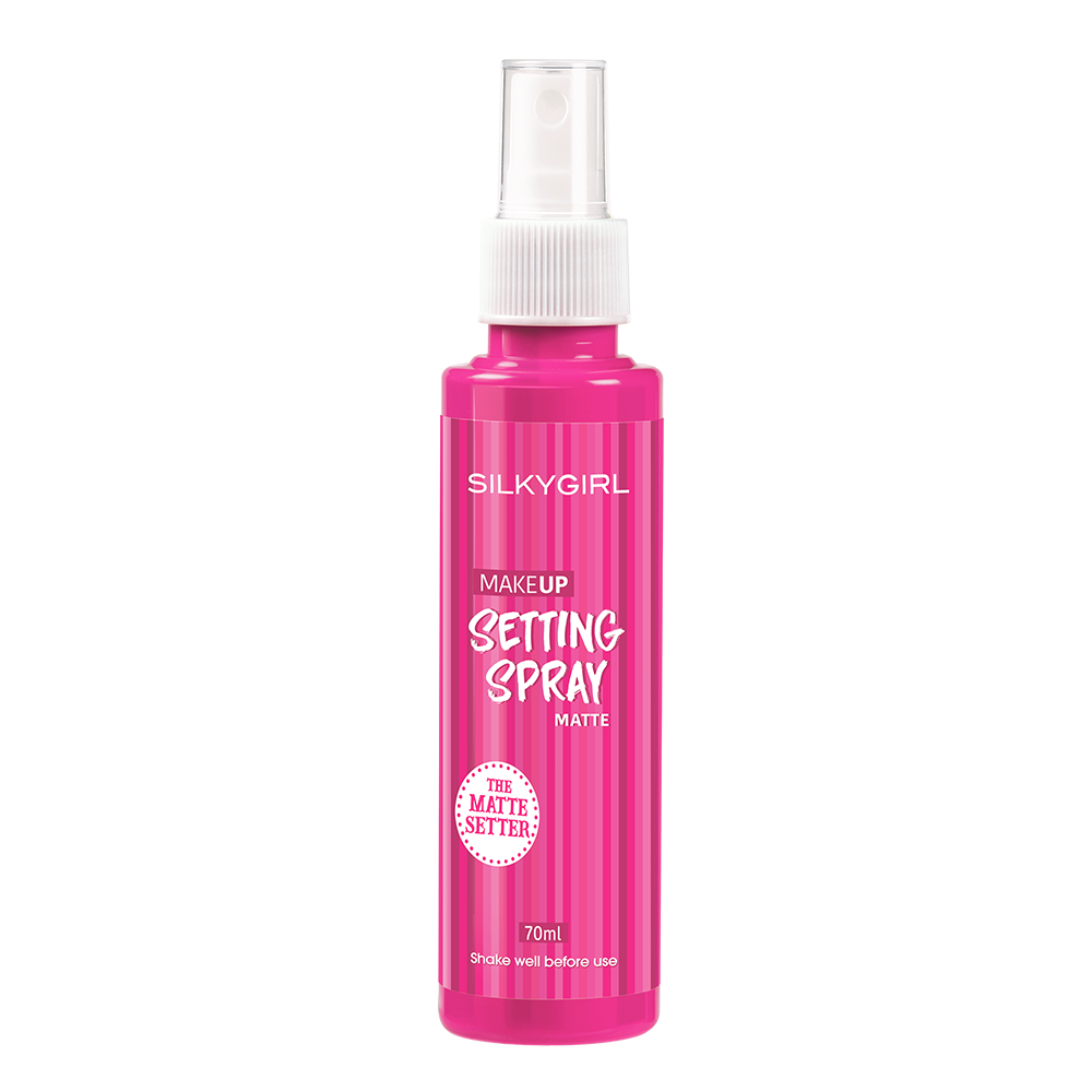 Chai xịt cố định trang điểm màu hồng, nắp trắng, dung tích 70ml, chữ trắng nổi bật.
