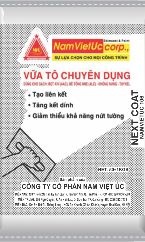 Bao bì sản phẩm vữa màu trắng, chữ đỏ, đen; logo hình tam giác, thông tin công ty bên dưới.