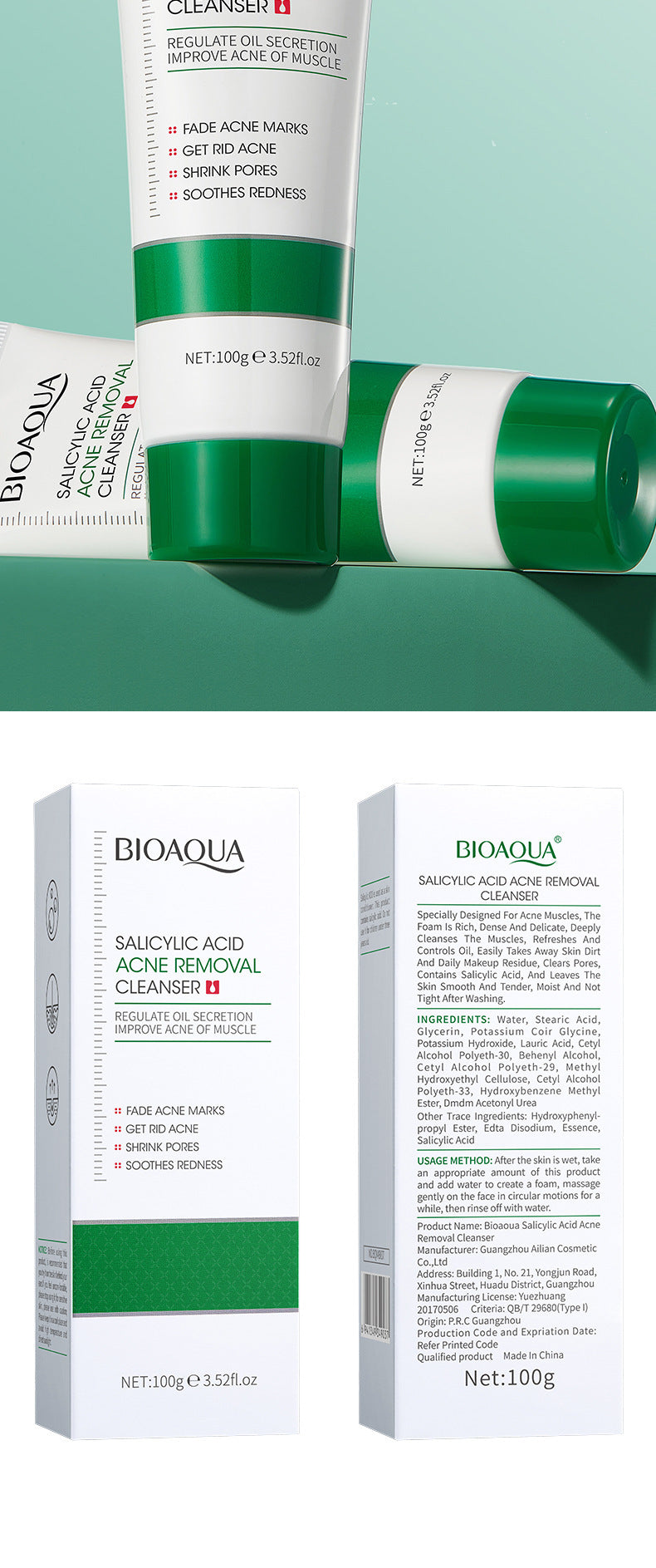 BIOAQUA Salicylic Acid Facial Cleanser Acne Treatment Moisturizing Oil Control skincare Face Wash Foam Face Cleanser Skin Care