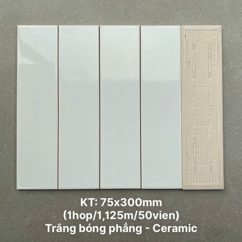 High-quality flat glossy white tile, 75x300mm, PSTA75300
