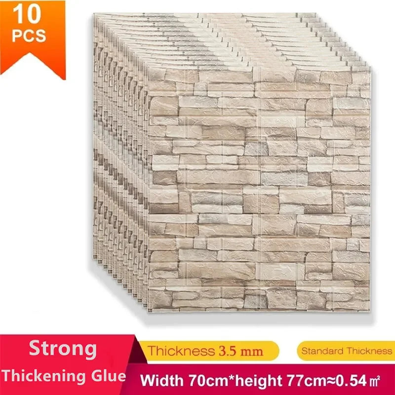 10 tấm tường giả đá màu be, dày 3,5mm, kích thước 70x77cm, nền trắng, chữ đỏ và vàng.