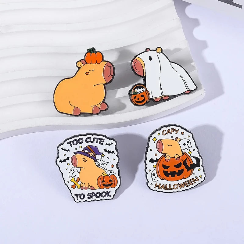 Halloween Pumpkin Animal Enamel Pins Ghost Capybara Grim Reaper Duck Spooky Season Brooches Lapel Badge Jewelry Gift for Friends