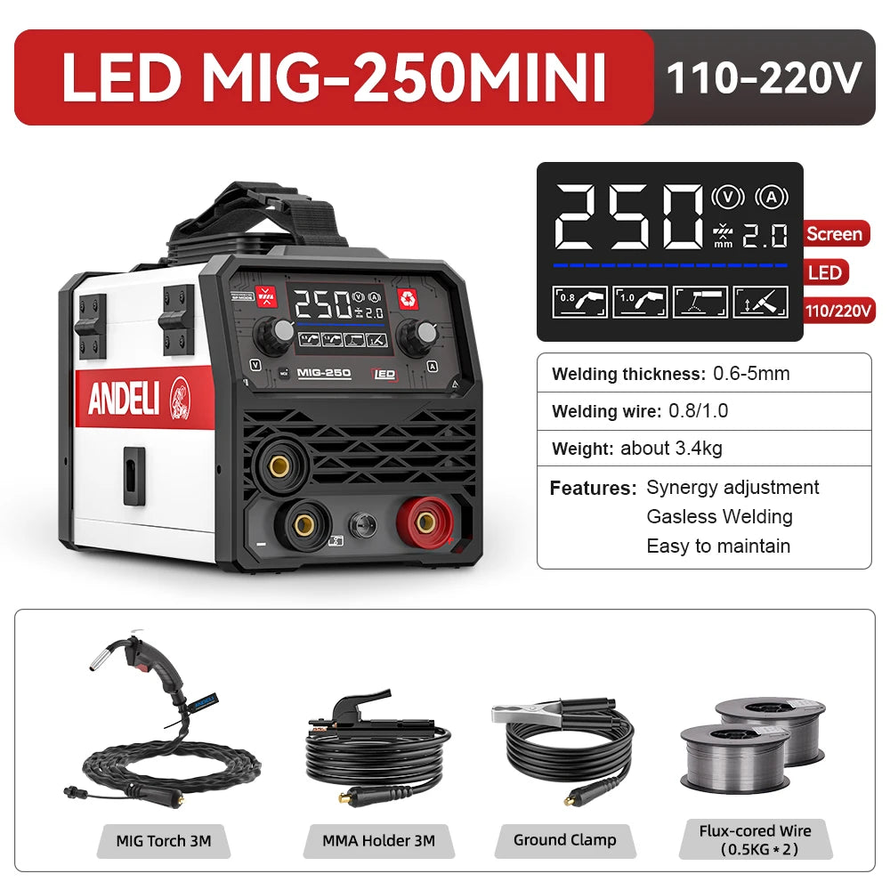 ANDELI MIG-250 MIG Welders MIG MMA Lift TIG 3 in 1 Inverter Semi-automatic Welding Machine With Flux Cored Wire Metal Welding - Daisan Mart